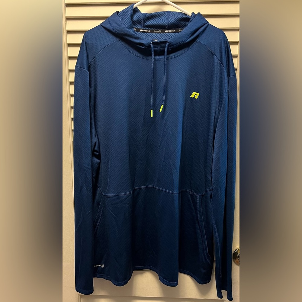 MEN’S 3XL RUSSELL blue hooded sports shirt.
